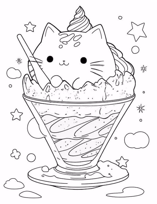 How to color kawaii cat with ice cream coloring page?
